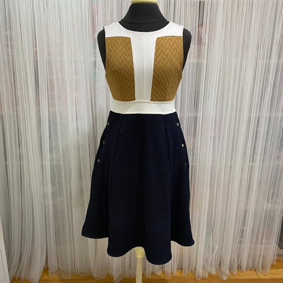 Maeve Colorblock Knit Dress Size 4 Navy Tan & White Pockets Preppy - Picture 1 of 15